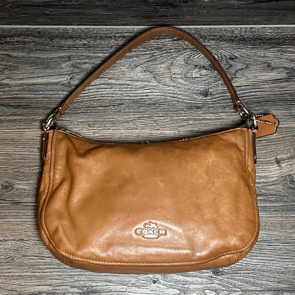 Coach Tan Leather Small Hobo Shoulder Bag Silver Logo Brown Handbag